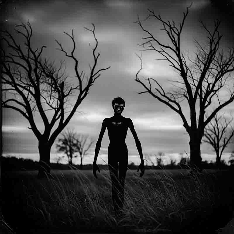 Eine unheimliche, fast vollständig schwarze Silhouette einer schlanken, menschenähnlichen Kreatur oder Figur dominiert die Mitte eines Feldes.