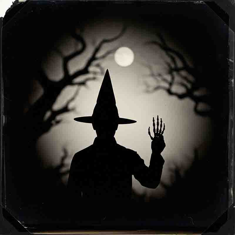 Eine dunkle Silhouette steht frontal vor einem hell leuchtenden Vollmond. Die Figur trägt einen hohen, spitzen Hexenhut.