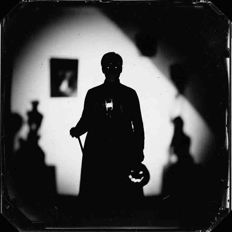 Eine unheimliche, fast vollständig schwarze Silhouette einer Person steht frontal in einem schwach beleuchteten Raum. Die Person trägt einen langen Mantel und hält in einer Hand einen Gehstock und in der anderen einen Kürbis mit einer geschnitzten, leuchtenden Fratze (Jack-o'-Lantern).