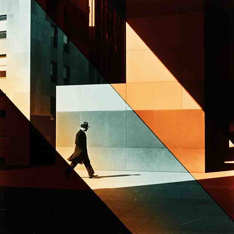 Farbfotografie, die einen Mann mit Hut und langem Mantel im Profil zeigt, wie er in starkem Seitenlicht eine städtische Gasse entlanggeht. Der Mann ist als Silhouette dargestellt, die vor einer Wand mit dramatischen, geometrischen Licht- und Schattenflächen liegt.