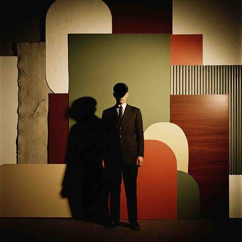 Farbfotografie, die einen Mann in einem dunklen Anzug und Krawatte stehend vor einer komplexen, abstrakten Kulisse aus überlappenden, geometrischen Formen zeigt. Sein Gesicht wird vollständig von einem tiefen, maskenhaften Schatten verdeckt.