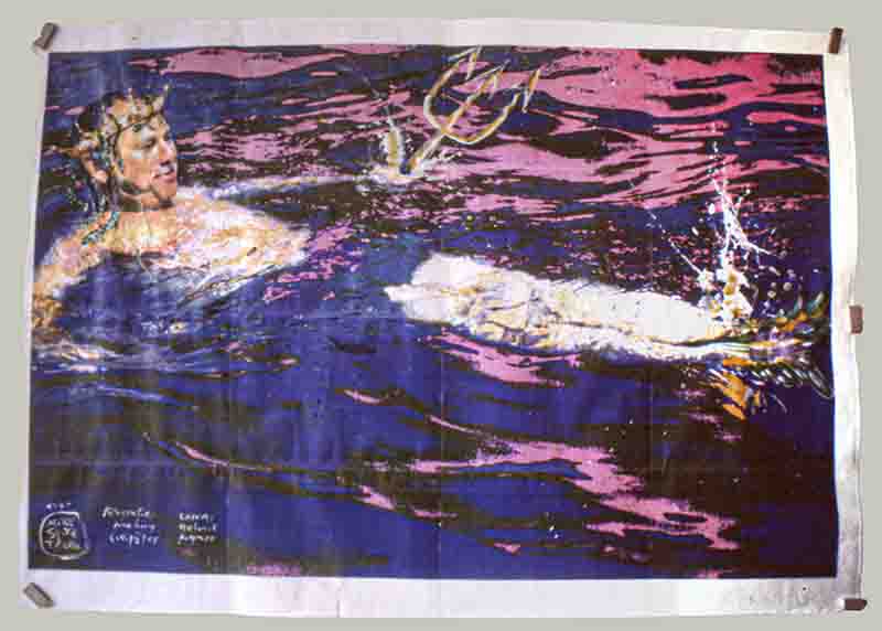 Mixed-Media-Kunstwerk von Ingeborg Bock-Schroeder: Hubert Burda im Wasser dargestellt als Meeresgottheit mit goldener Krone, Dreizack und Fischschwanz, in Magenta- und Goldtönen bemalt.